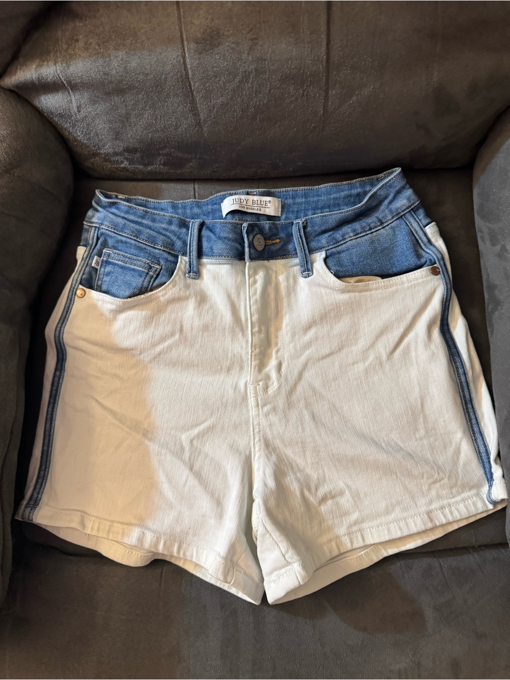 EUC Judy Blue High Waisted Two-Tone White/Blue Shorts. Size Medium
